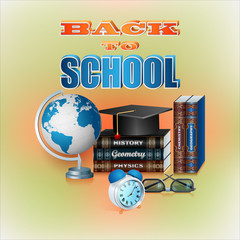 Back to school design, background with school supplies and 3d text ; Vector illustration