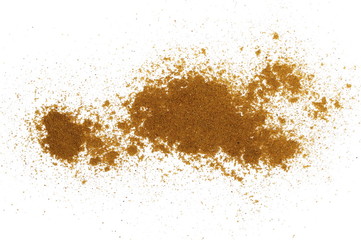 Fototapeta na wymiar Turmeric (Curcuma) powder pile isolated on white background, top view