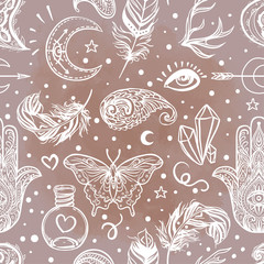 Boho chic dreamcatcher illustration set. Hindu paisley motifs. Gold spirituality, prints, ornamental floral elements with henna design, golden stickers, flash temporary tattoo.