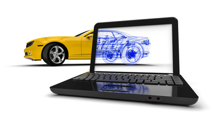 X-ray car / 3D render image representing an x-ray of a car on an laptop 