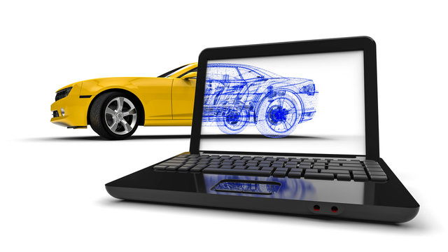 X-ray car / 3D render image representing an x-ray of a car on an laptop 