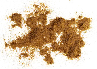 Turmeric (Curcuma) powder pile isolated on white background, top view