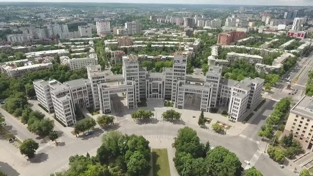 Shooting from a Copter of the Building in Constructivism Style near the Park