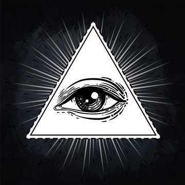 Eye of Providence. Masonic symbol. All seeing eye inside triangle pyramid. New World Order. Hand-drawn alchemy, religion, spirituality, occultism. Isolated vector illustration.