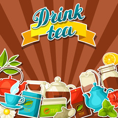 Background with tea and accessories, packs and kettles