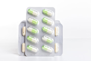 Medicines on white background.