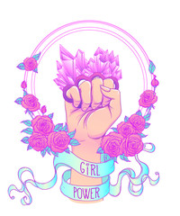 Fight like a girl. Woman's hand with crystal quartz brass knuckles. Fist raised up. Girl Power. Feminism concept.