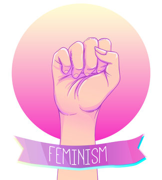 Woman's hand with her fist raised up. Girl Power. Feminism concept. Realistic style vector illustration in pink pastel goth colors isolated on white.
