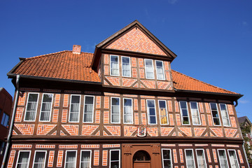 Fototapeta na wymiar Fachwerkhaus in der Königstraße in Eutin, Ostholstein, Schleswig-Holstein