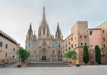 Fototapeta na wymiar Square with cathedral church in Gotic quarter of Barcelona, Spain