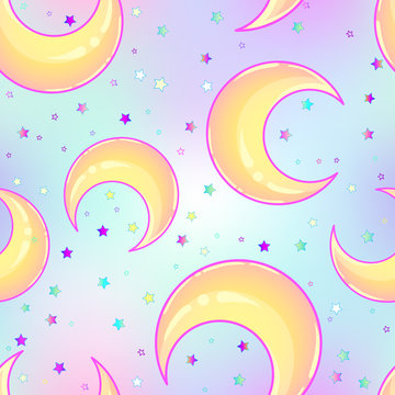 Mystical background with Crescent moons, abstract seamless pattern. Vector illustration.