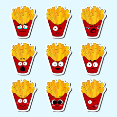 Cartoon fries cute character face isolated vector illustration. Funny face icon collection. Cartoon face food emoji. Fries emoticon. Funny food sticker.