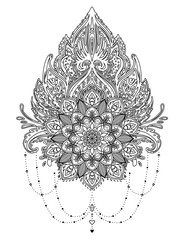 Vector ornamental Lotus flower with moon and arabesque, ethnic art, patterned Indian paisley. Hand drawn illustration. Invitation element. Tattoo, astrology, alchemy