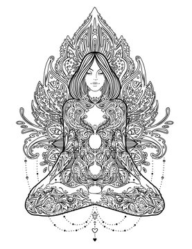 Yoga. Woman ornate silhouette sitting in lotus pose over ornamental flower, ethnic art. Meditation, kundalini, tantra, ayurveda, aura and chakras. Vector illustration. Isolated on white.