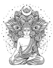 Sitting Buddha over ornate rose flower. Esoteric vintage vector illustration. Indian, Buddhism, spiritual art. Hippie tattoo, spirituality, Thai god, yoga zen