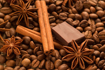 coffee beans with spices and chocolate 