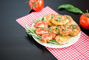 Homemade Salty Cottage Cheese Pancakes with rosemary and dill. Tomatoes