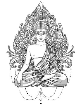 Sitting Buddha over ornate rose flower. Esoteric vintage vector illustration. Indian, Buddhism, spiritual art. Hippie tattoo, spirituality, Thai god, yoga zen