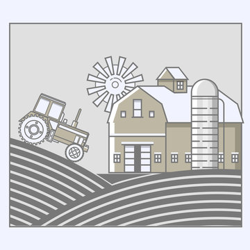Agriculture and Farming. Agribusiness. Rural landscape in line art design
