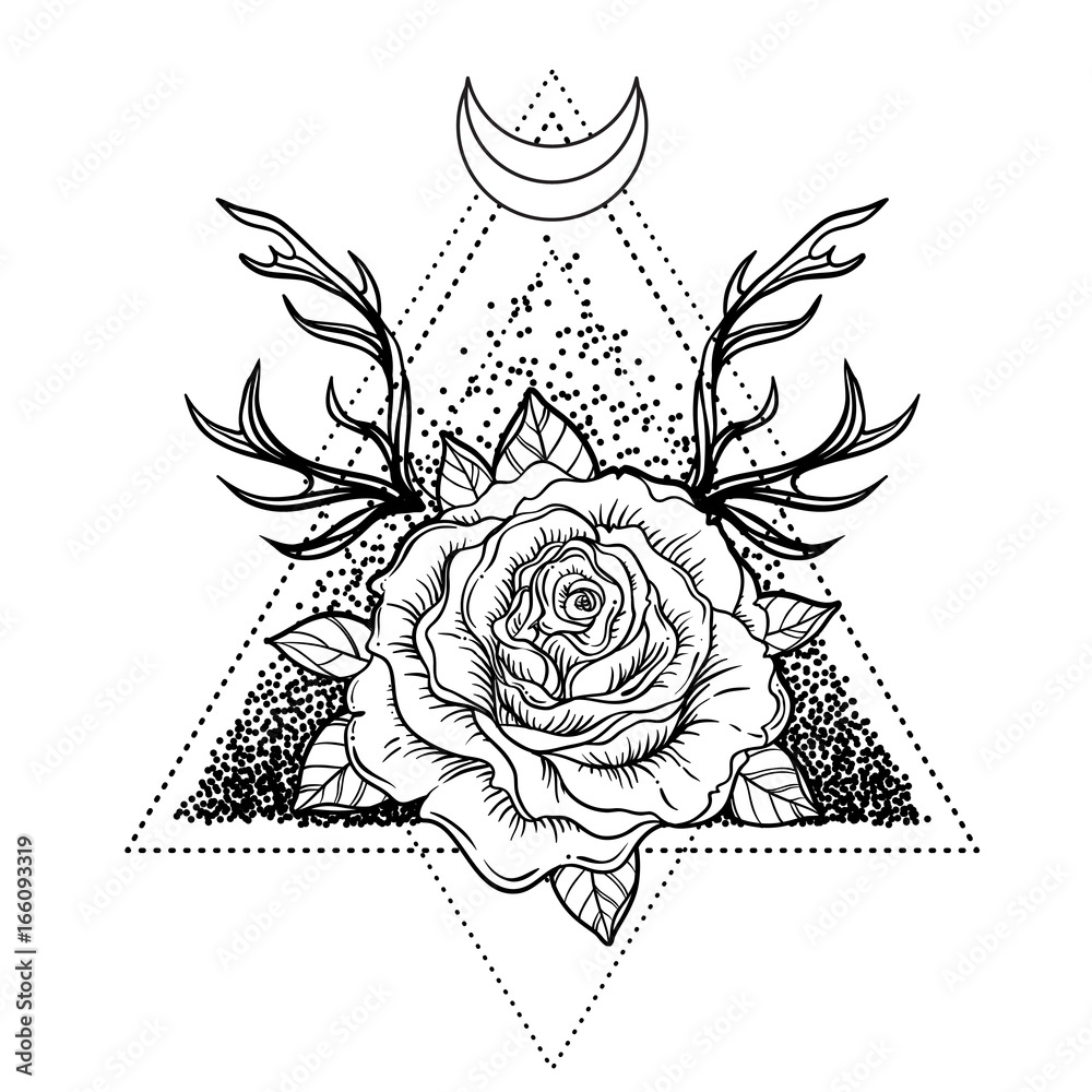 Wall mural All seeing eye symbol over rose flower and deer antlers. Sacred geometry. Tattoo flash. vector illustration isolated on white. Mystic symbol. New school. Boho design