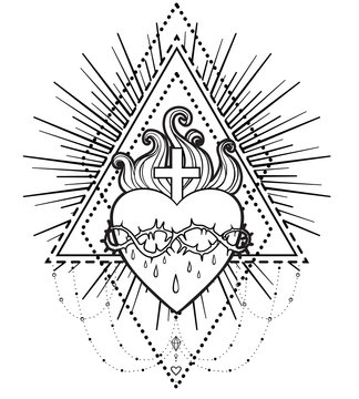 Sacred Heart of Jesus. Vector illustration isolated on white over roses floral and geometric background. Vintage style element. Religion, occultism, alchemy, magic, love.