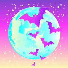 Obraz na płótnie Canvas Halloween vector illustration: creepy cute vector bat flying against full moon in neon pastel colors. Retro gothic style.