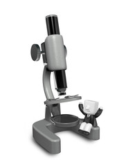 3d business man sitting on gray microscope. 3D Square Man Series.