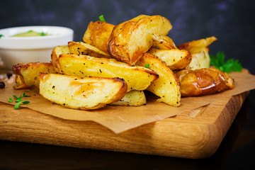 Baked potato with sauce and spices on dark background