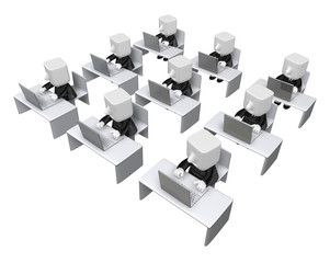 3d business men sitting to study by computer. 3D Square Man Series.