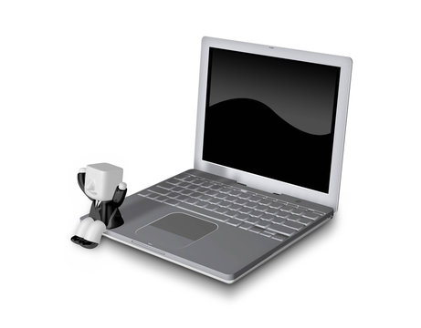 3d business man sitting on the laptop. 3D Square Man Series.