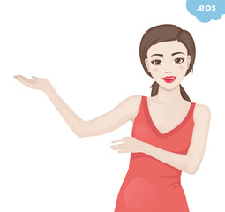 Young girl shows hands aside. The model demonstrates and shows paying attention to.