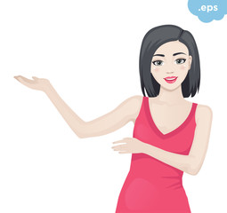  Young girl shows hands aside. The model demonstrates and shows paying attention to.