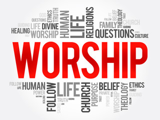 Worship word cloud collage, social concept background
