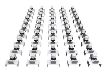 Obraz premium 3d business men sitting to study by computer. 3D Square Man Series.