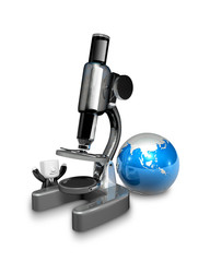 3d white person with a huge microscope. 3D Square Man Series.