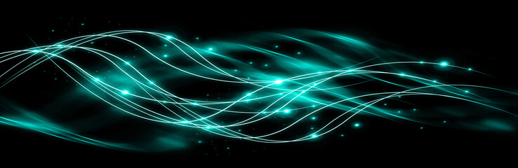 Abstract background with connected lines and dots for your design. Smooth lines, beautifully intertwined, shining dots and flashes on a dark background