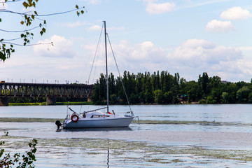 White sailing yacht on the river Dnieper