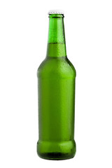 Glass bottle of green, clipping path, cold beer, water drops on container, isolated on white background
