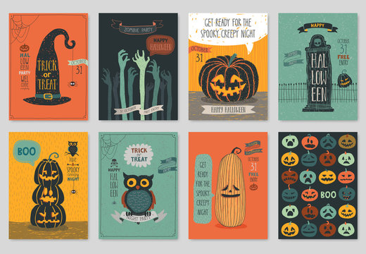 Halloween Hand Drawn Invitation Or Greeting Cards Set.