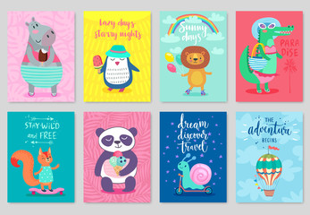 Animals card set, hand drawn style, summer theme.