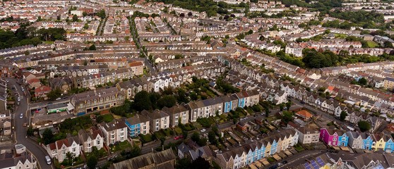 Rows of old terraced houses in Swansea City, South Wales, UK.