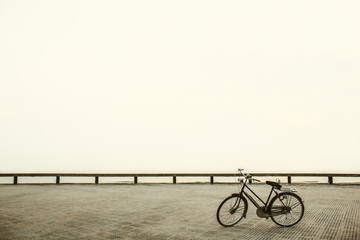 Old bicycle parking at park near the sea (vintage style ; concept of lonely)
