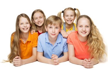 Children Group, Five Kids Girls and Boy Lying over White Background