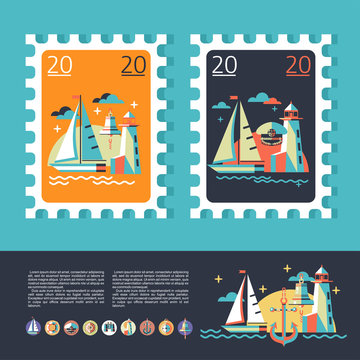 Design a postage stamp. Sea voyage on a yacht. The icons set.