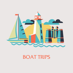 Vector illustration on the marine theme. The sailboat, the binoculars, the lighthouse, the compass. In flat style.
