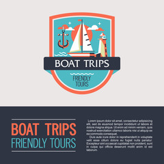 Vector logo, logo. Walking on the sea on a yacht. Boat trips. Boat, lighthouse and anchor.