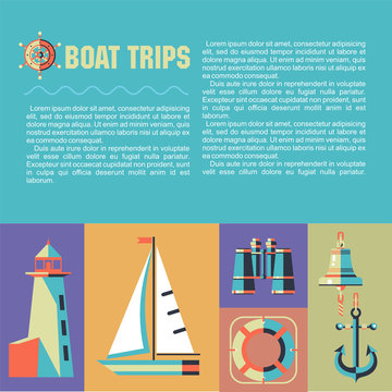 Vector illustration of a character set on the marine theme. The sailboat, lighthouse, anchor, binoculars, ship s bell, life buoy.