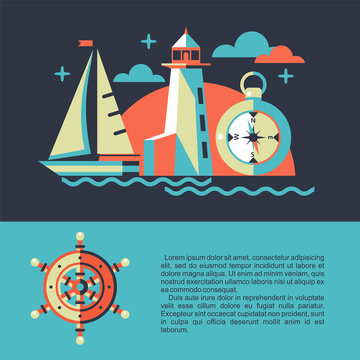 Vector illustration. Seascape with sailing ship in flat style.