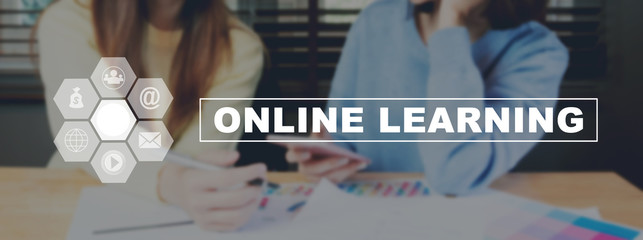 Text online learning on background women are working on smartphone. The concept of working with a...
