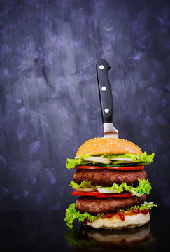 Delicious handmade burger on dark background. Close view